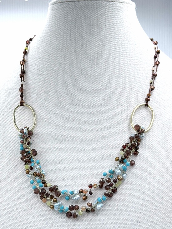 unbranded Jewelry - Multi-strand Bib Necklace Faceted Glass Beads Turquoise-Colored Small Pearls